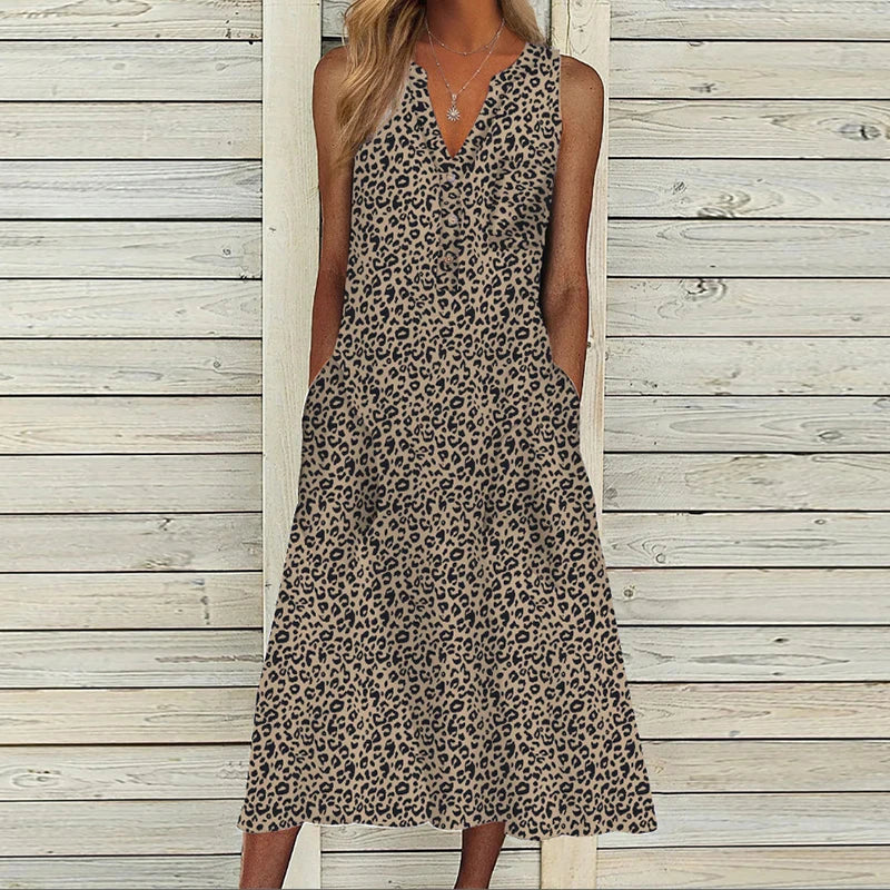 lovwvol Summer Dress Women V Neck Sleeveless Pocket Button Loose Maxi Dresses Vintage Print Party Dress 2024 A-Line Beach Dress