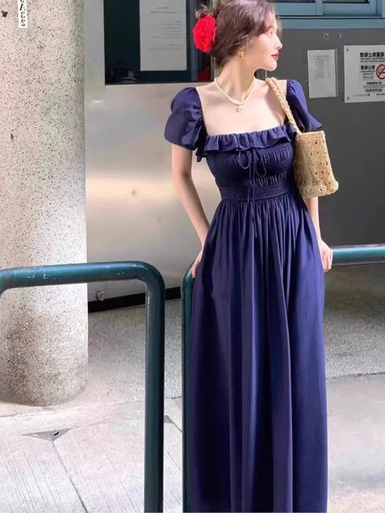 lovwvol French Elegant Lace Up Midi Dress Women Summer Vintage Solid Short Sleeve A-Line Party Club Vestido Korean Ruffles Clothing