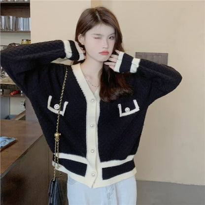 lovwvol   Korean Fashion Chic Vintage Sweater Retro Casual Lazy Sweaters For Women Knitted V-Neck Cardigans Elegant Tops Outwear