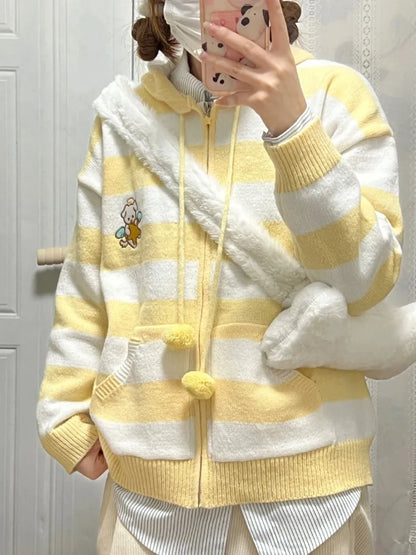 Harajuku Kawaii Dog Striped Cardigan Autumn New Loose Hoodie Tops Women Y2k E-Girl Long Sleeve Zipper Sweater