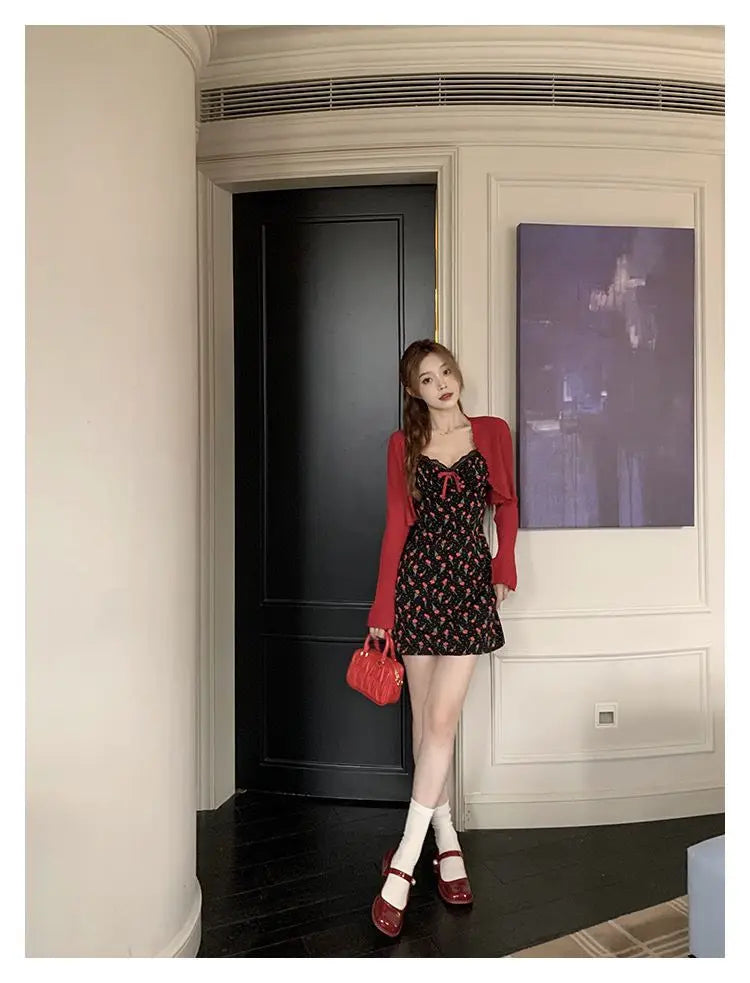 Sweet 2 Piece Dress Set Woman Red Long Sleeve Cardigan + Strap Floral Y2k Mini Dress Party Korean Fashion Suit Spring