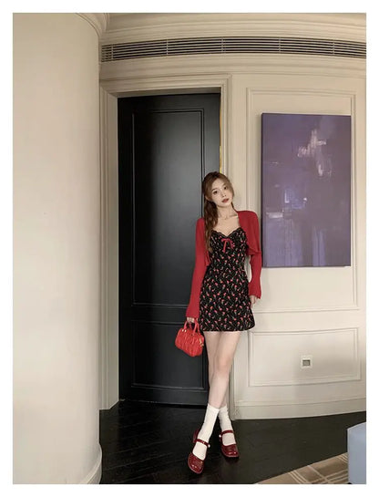 Sweet 2 Piece Dress Set Woman Red Long Sleeve Cardigan + Strap Floral Y2k Mini Dress Party Korean Fashion Suit Spring