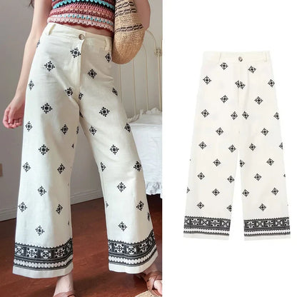 lovwvol Vintage Ethnic Floral Embroidery Wide Leg Pants for Women Casual High Waist Linen Cotton Pant Summer Boho Beach Trousers