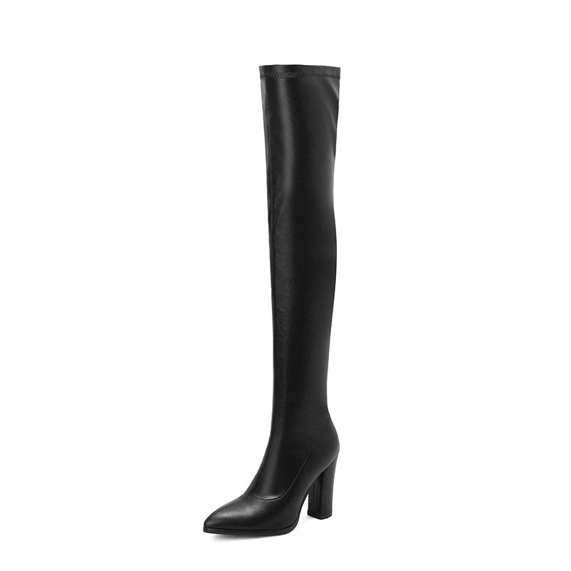 Sexy Thigh High Boots Women Autumn Winter Elastic Leather Over-the-knee Boots For Women Black Heels Fetish Long Shoes Large Size