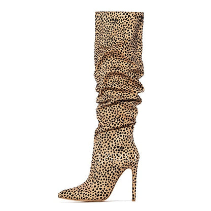 lovwvol Women Leopard Knee High Boots Women's Pleated Long Boots Ladies Pointed Toe High Heels Female Pumps Woman Shoes Plus Size 43