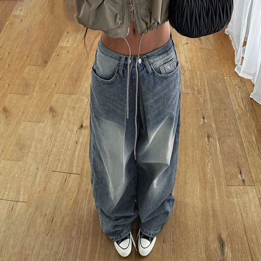 lovwvol Vintage Y2K Chic Women Jeans Basic Pleated Distressed Harajuku Straight Leg Denim Trousers Bottom Korean Pants Outfit