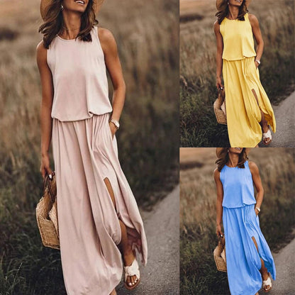 lovwvol Summer Solid Long Dress Women Casual Sleeveless Elastic Waist Side Slit Maxi Dresses Female O-Neck Loose Tank Dress Sundress