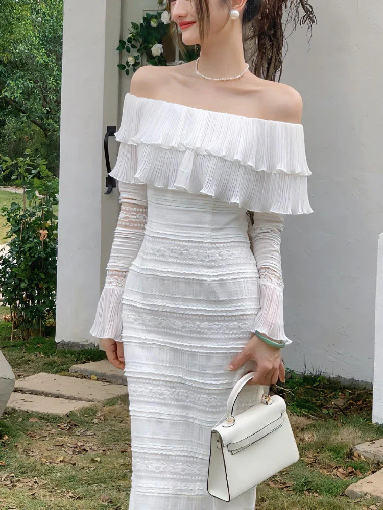 lovwvol White Elegant Vintage Midi Dress Women Ruffles Sexy Beach Party Bodycon Dress Female Silm One Piece Dress Korean Summer Y2k