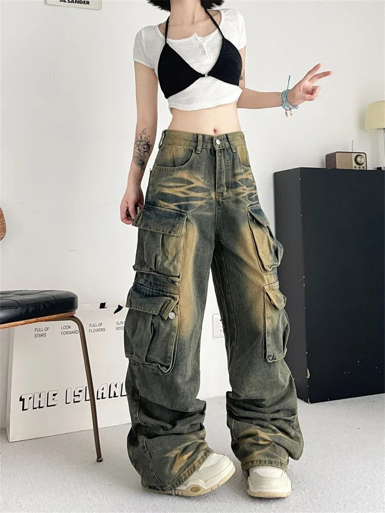 lovwvol Women's Tie Dyed Patterns Multiple Pockets Unisex Jeans Street Summer Trousers Young Girl Street Bottoms Female Denim Pants