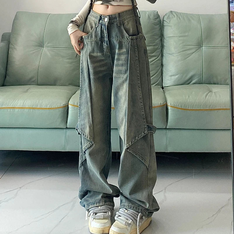 lovwvol Y2k Vintage Jeans Women High Waist Loose Straight Pants Spring Blue Spliced Casual Streetwear Fashion Denim Wide Leg Pants