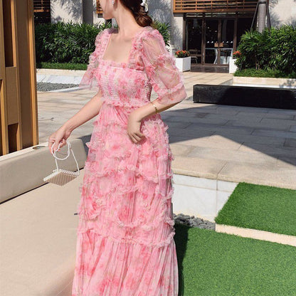 2023 New French Floral Pink Square Collar Slim Fairy Dress Aestethic Summer Party Beach Dress Elegant Long Dresses Woman Clothes