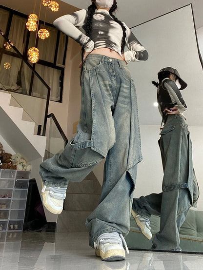 lovwvol Y2k Vintage Jeans Women High Waist Loose Straight Pants Spring Blue Spliced Casual Streetwear Fashion Denim Wide Leg Pants