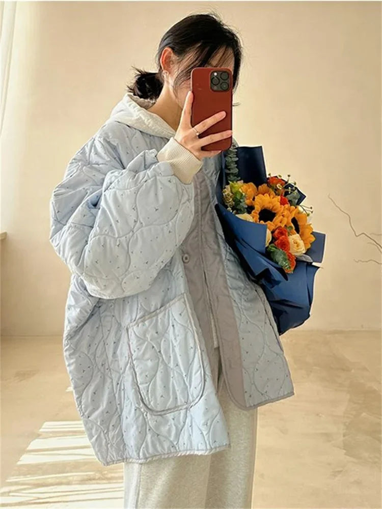 lovwvol Korean Fashion Padded Jacket Women Y2K Fairycore Winter Blue Parkas Oversize Floral Print Sweet Gentle Button Up Outerwear