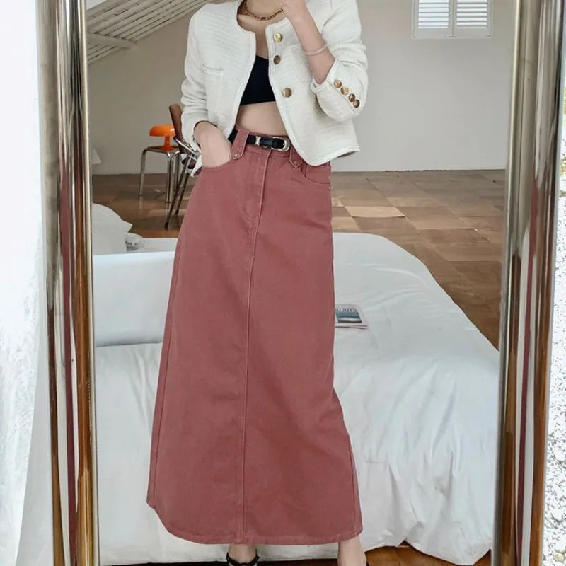 lovwvol  -  Korean Style Pink Denim Women Midi Skirt New Fashion Vintage High Waist Straight A-Line Pocket Jean Long Skirt Without Belt