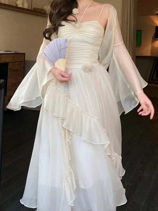 Women Summer French Elegant Midi Dresses Vintage Folds Solid Ruffle Party Prom Robe Fairycore Neck Mounted New Fashion Dress