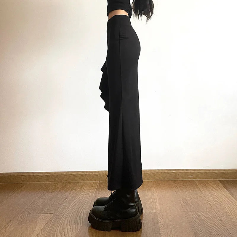 lovwvol Gothic Black High Waist Bodycon Mid Skirt E-Girl Punk Ruffles Split A-Line Skirts Y2K Fashion Women Streetwear Bottoms