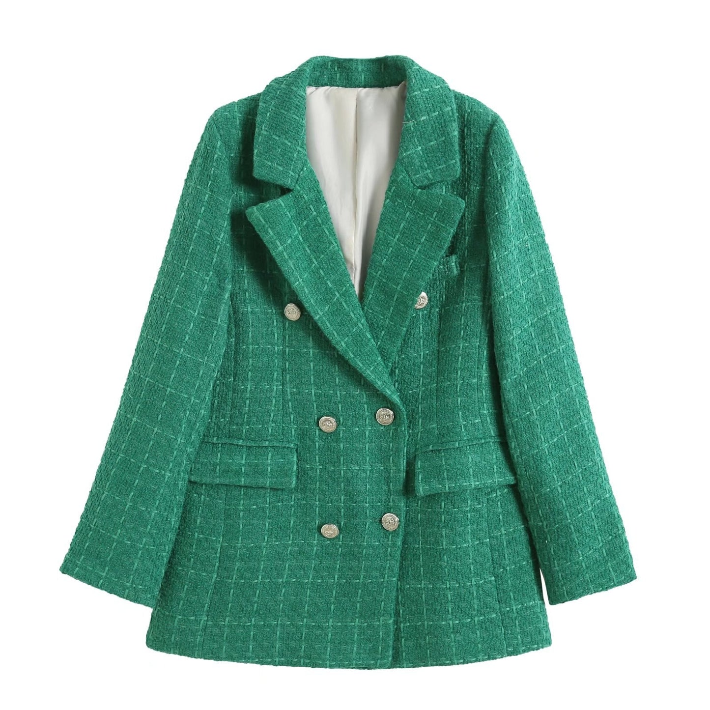 2023 Women Fashion Double Breasted Houndstooth Blazer Coat Vintage Long Sleeve Flap Pockets Female Outerwear Chic Vestes