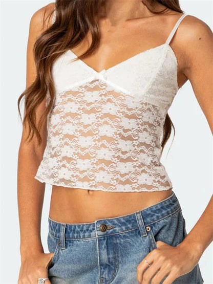 lovwvol Women Floral Lace Crop Camis Tops Summer Backless Spaghetti Strap Tank  Sleeveless Mini Vest for Streetwear Clubwear