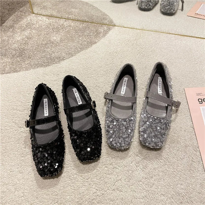 Casual Woman Shoe Soft Female Footwear Shallow Mouth Modis Autumn Elegant Square Toe Oxfords Glitter Dress  Fall Summer Leat