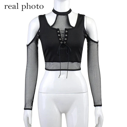 Fishnet Cut Out Women Sexy Halter T-shirts Mall Gothic Grunge Black Bandage Crop Tops Punk Open Shoulder Alt Clothing