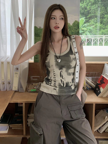 90s Vintage Green Tank Top Women Harajuku Techwear Graphic Print Tees Grunge Slim Sleeveless Crop Tops Y2K Gothic Kpop