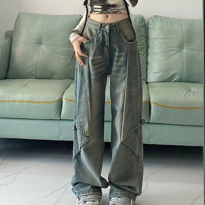 lovwvol Y2k Vintage Jeans Women High Waist Loose Straight Pants Spring Blue Spliced Casual Streetwear Fashion Denim Wide Leg Pants