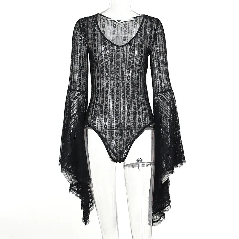 Lace See Through Mall Gothic Aesthetic Bodysuits Flare Sleeve Grunge Sexy Women Tops Punk Bodycon V-neck Alt Bodysuit