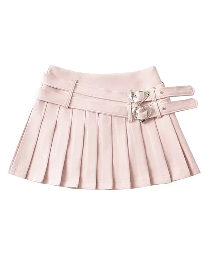 lovwvol Women Summer Fashion Hot Sweet Slim Pleated Super Short Skirt Cute Chic Heart Belt Mini Skort Streetwear Shorts Skirts