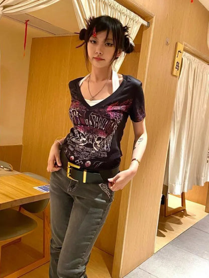 Punk Summer Vintage Y2k Aesthetic Women T-shirt Slim Letter Print Harajuku V Neck Tee Shirts Femme Korean Grunge Sexy Top