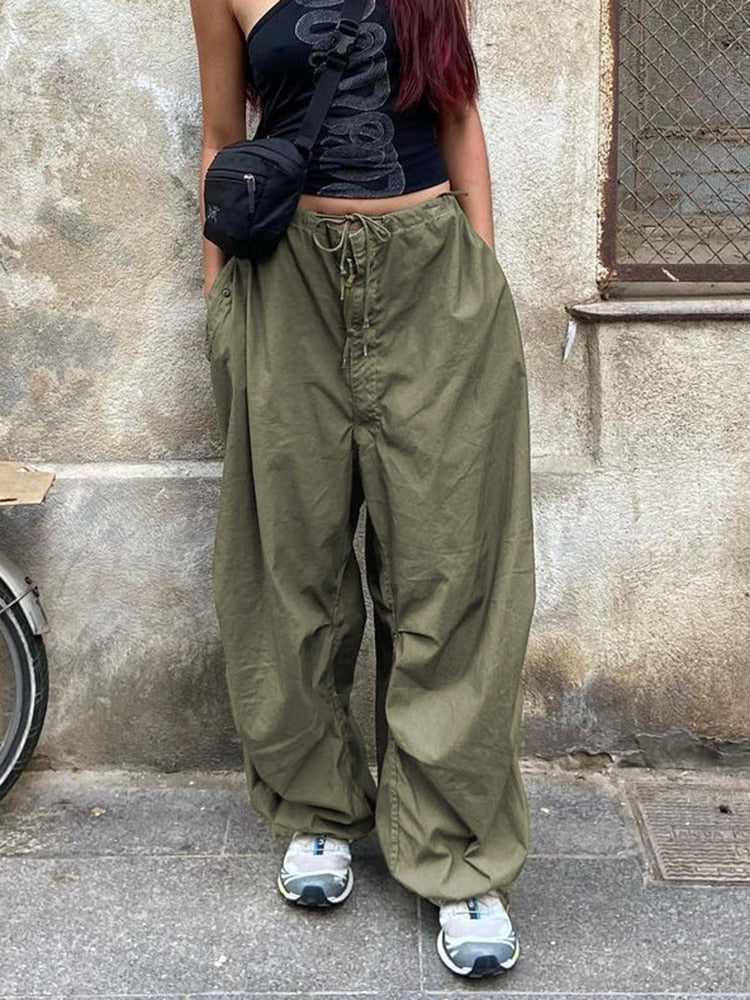 Casual Baggy Wide Leg Sweatpants White Loose Drawstring Low Waist Streetwear Cargo Pants Womens Hippie Joggers Trousers