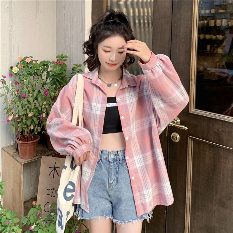 Korean Oversize Plaid Shirt Women Fashion Long Sleeve All Match Blouse Spring Preppy Style Turn Down Collar Casual Y2K Top