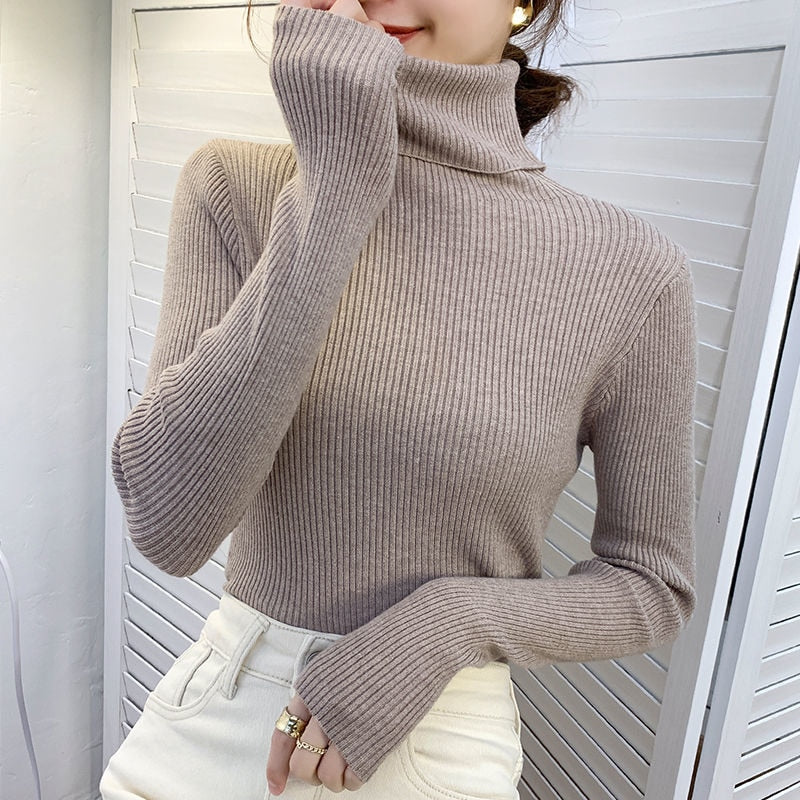 lovwvol Harajuku Pullover Turtleneck Sweater Women Fall Soft Knit Sweater Slim Elastic Korean Simple Basic Cheap Jumper Solid Tops