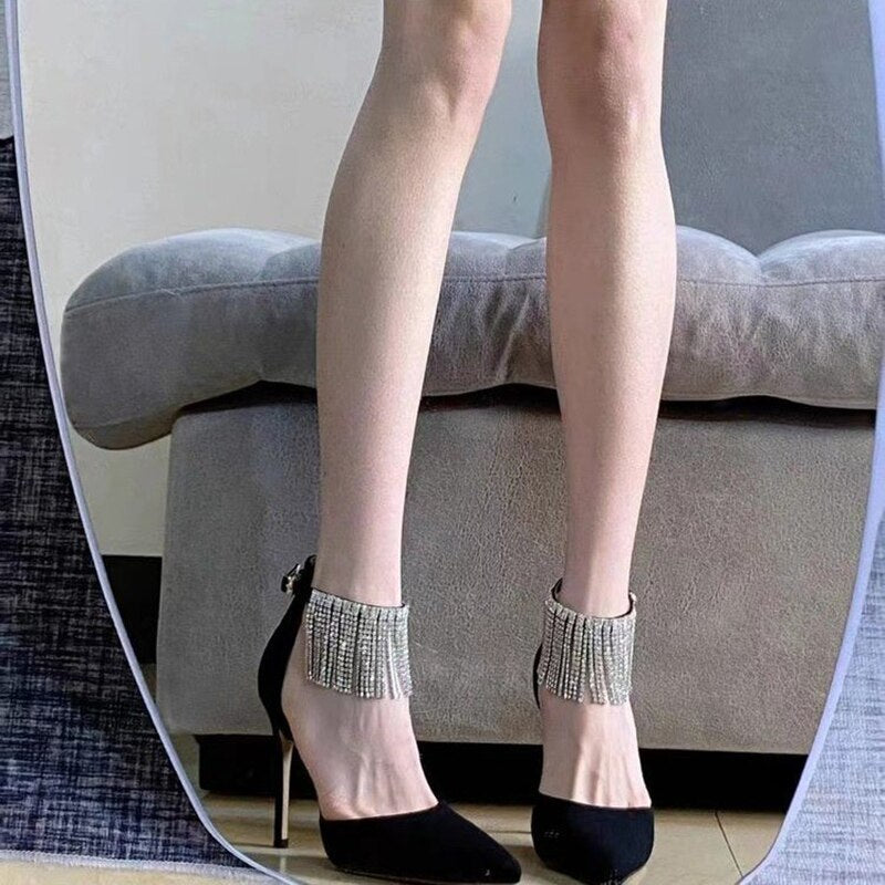 Shiny Crystal Tassels High Heels Pumps Women 2023 Autumn Sexy Black Ankle Straps Party Shoes Woman Pointed Toe Thin Heeled Pumps