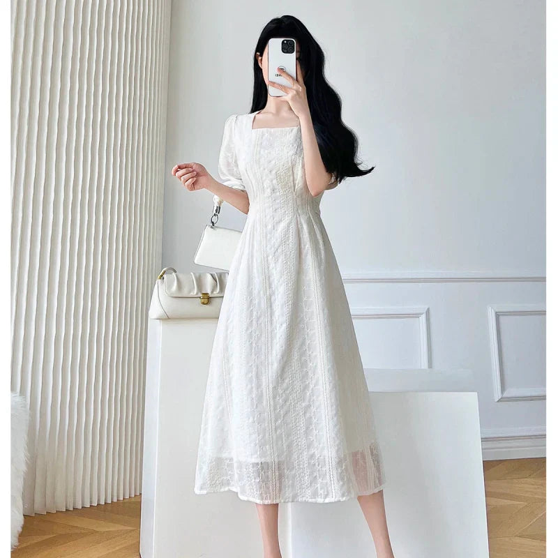 lovwvol Vintage Lace Midi Dresses for Women New Summer French Embroidery Square Neck Short Sleeve Elegant Fashion Female Clothes