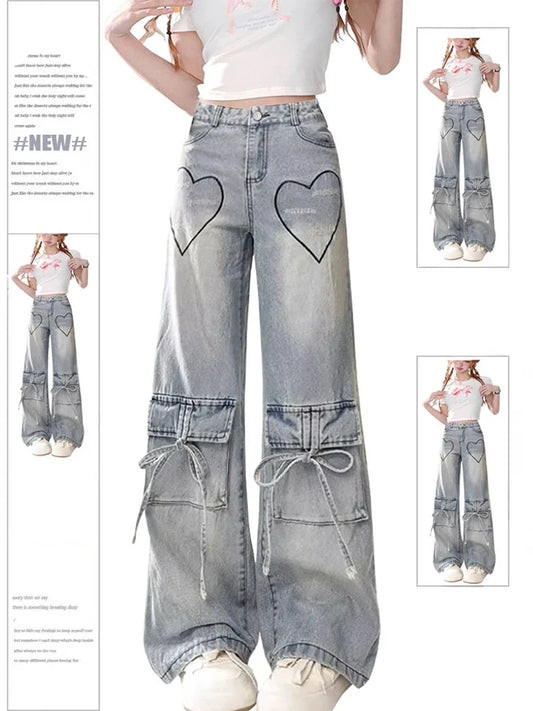 lovwvol Women Light Blue Y2k Cargo Jeans Harajuku Bow Denim Trousers Streetwear Baggy Jean Pants Vintage Aesthetic 2000s Trashy Clothes