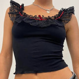 lovwvol Lace Top for Women 2000s Aesthetic Patchwork Sleeveless T Shirt y2k Fairy Grunge Clothes Streetwear Cropped Feminino