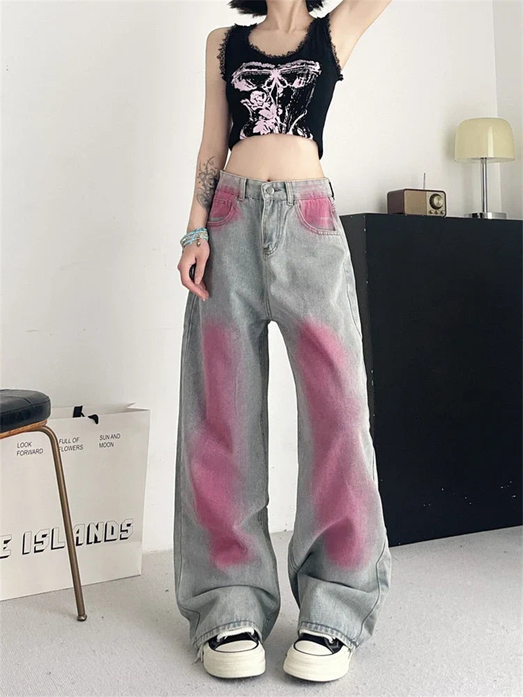 lovwvol Women's Inkjet Design Thin Jeans Street Summer New Trousers Young Girl Street Bottoms Female High Waisted Denim Pants