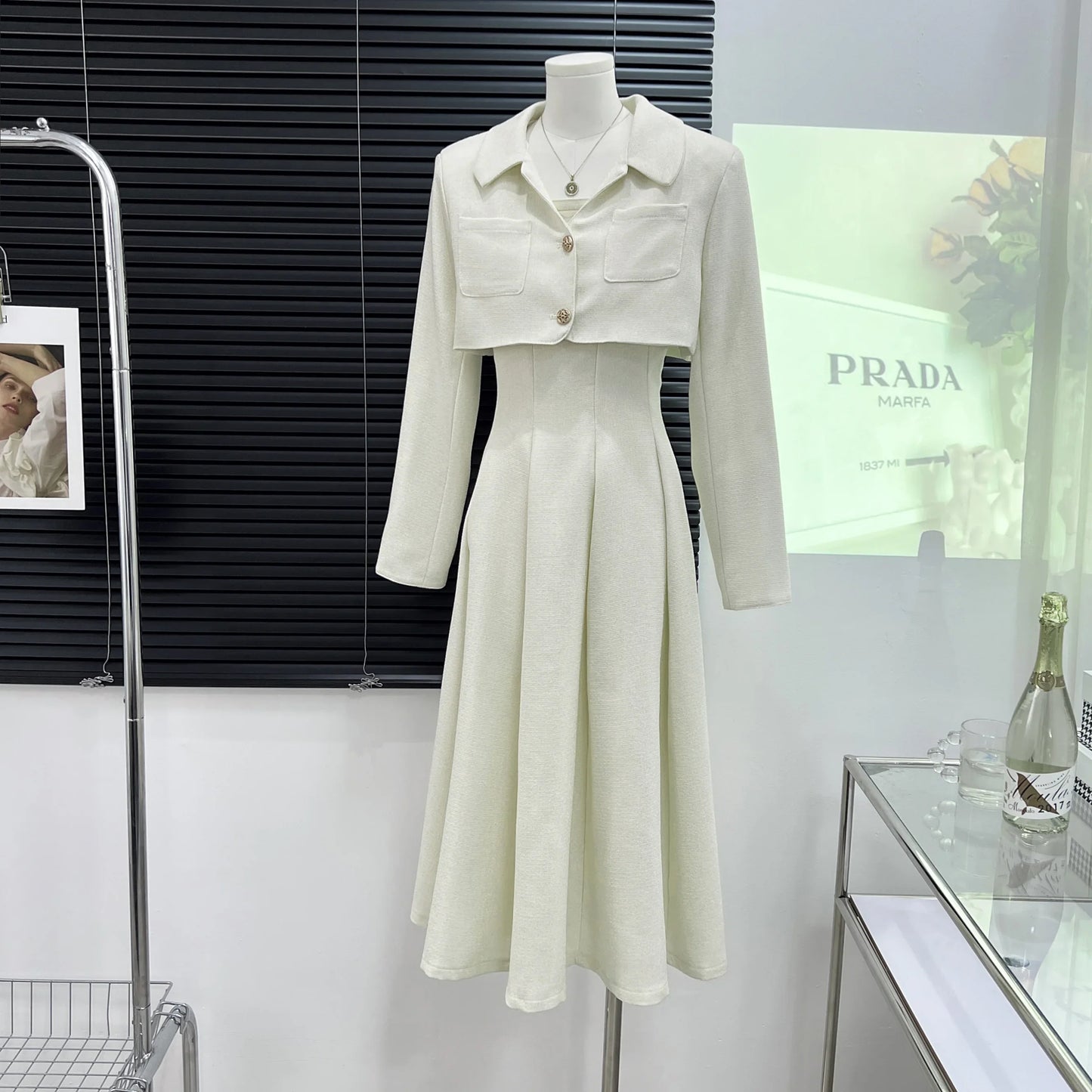 Vintage College Style Cropped Blazer Two Piece Dress Sets Women's Short Jacket Coat +Strapless Sling Slim Mid Dress Suits Female