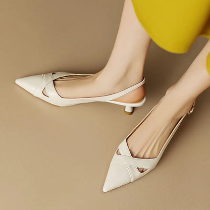 New Women Sandals Mid Heels Pumps Pointed Toe Slingblacks Woman Dress Shoes Cut Outs Leather Shoes Summer Sandalias Mujer 1475N