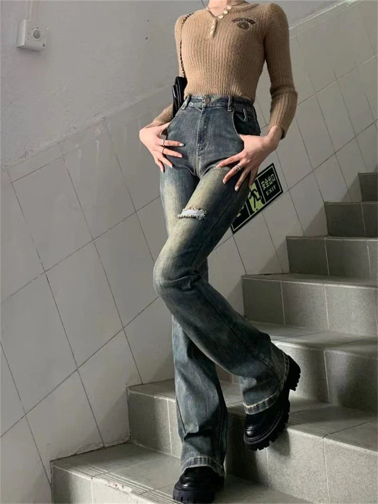 lovwvol Women's Retro Micro Flared Jeans Vintage Street Style Broken Hole Denim Trousers Young Girl Bottoms Female Straight Skinny Pants