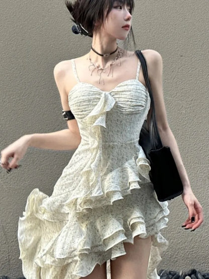 lovwvol Y2K Spaghetti Strap Irregular Dress Women Layered Ruffles Slim Sexy Party Dress Spring New Prom Robe Wedding