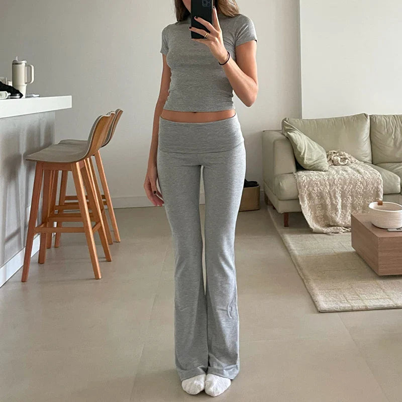 lovwvol  Women Casual Slim Fit 2 Piece Set Short Sleeve Crop Tops + Pants Elegant Matching Suit Vintage Y2K Rib Knitted T-shirt Outfits