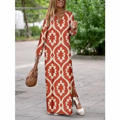 lovwvol Vintage Print Maxi Dress Women Loose V-neck Long Sleeve A-line Dresses  Autumn Lady Streetwear Robe Elegant Female Vestidos