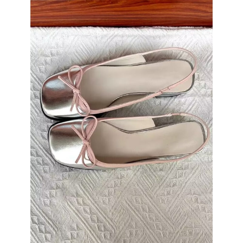 Women's Flats Sliver Boat Shoes Square Toe Slip on Flat Shoes for Woman Ballet Flats Comfortable Bow Women's sandals