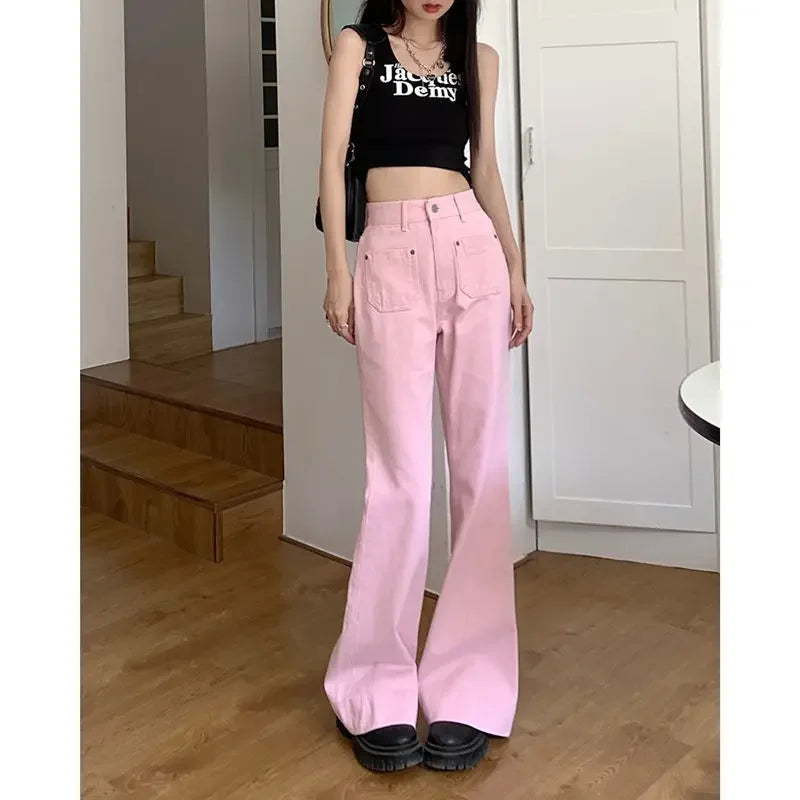 lovwvol With Pockets Pants for Woman Pink Women's Jeans High Waist Shot Flared Bell Bottom Straight Leg Flare Trousers 2000s Y2k Vibrant