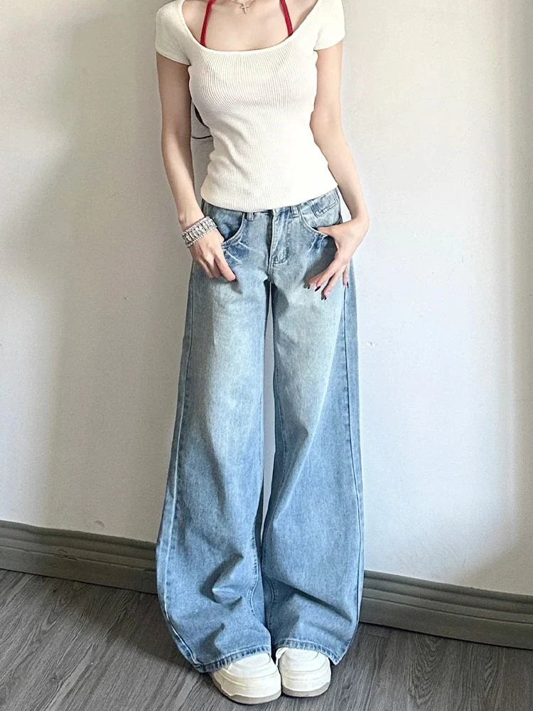 lovwvol Women's Fashionable High Waisted Wide Leg Thin Jeans Sweet Girl Simple Bottoms Vintage Baggy Trousers Female Denim Straight Pant