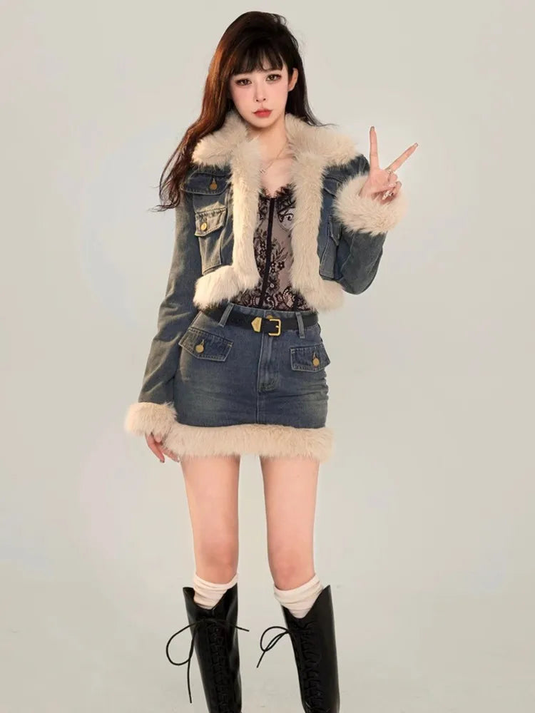 lovwvol Blue Denim Faux Fur Short Skirt Suit for Women Autumn Winter New Fashion 2-piece Set Fur Brim Style Jacket Tops+Mini Skirts