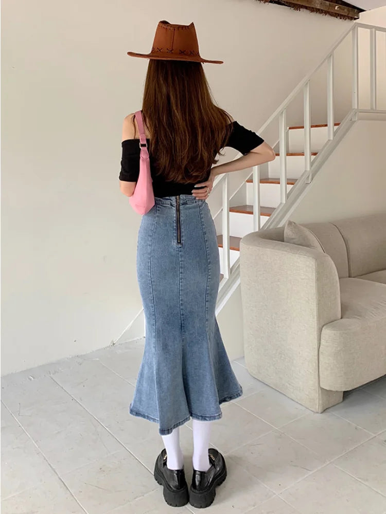 DEEPTOWN Denim Slit Long Skirt Women Korean Fashion Vintage High Waist Bodycon Ruffles Mermaid Midi Skirt Elegant Chic Summer