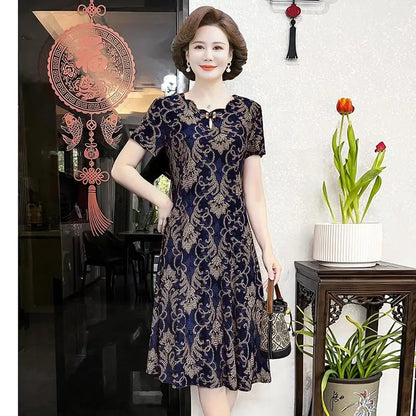 lovwvol Summer Dress Women Vintage Clothes New Print Slim Short Sleeve Elegant Middle Age Women's Dresses Casual Summer Sundress