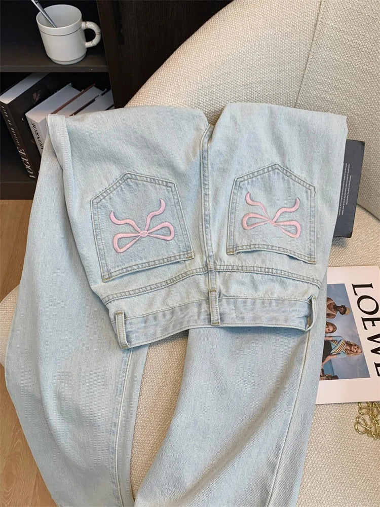 lovwvol Women's Retro Style Straight Jeans Street Vintage Denim Trousers Young Girl Bottoms Female Bow Embroidery Wide Leg Pants